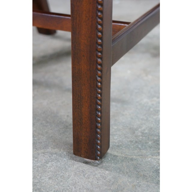 Brown 2 Late 20th Century Maitland Smith Chippendale Pierced Mahogany Dining Arm Chairs Silk Seats Pair For Sale - Image 8 of 18