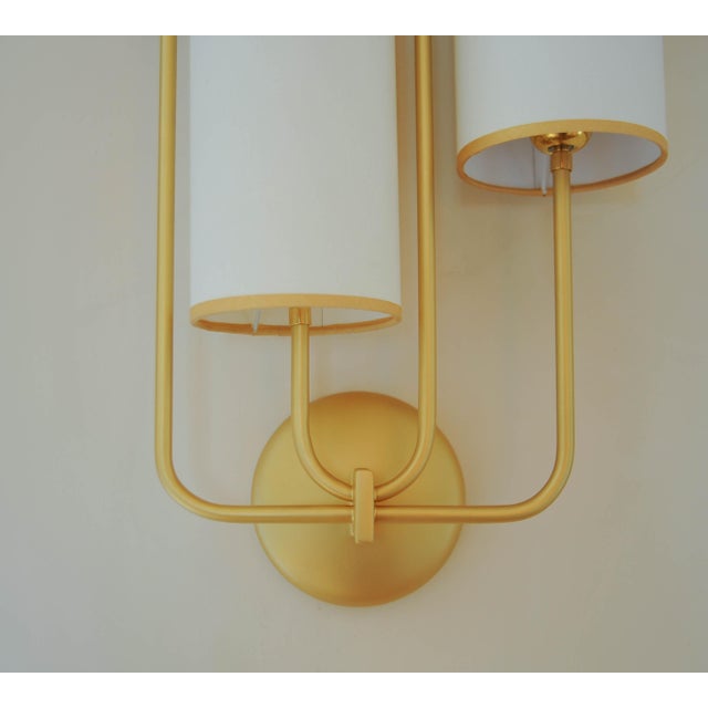 Metal Elevation 4 Wall Sconces in Patinated Gold Metal and White Shades by Aymeric Lefort, Set of 2 For Sale - Image 7 of 18