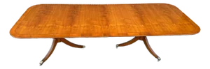 Vintage English Georgian Inlaid Banded Yew Wood Double Pedestal Extension Dining Table With 2 Large Leaves