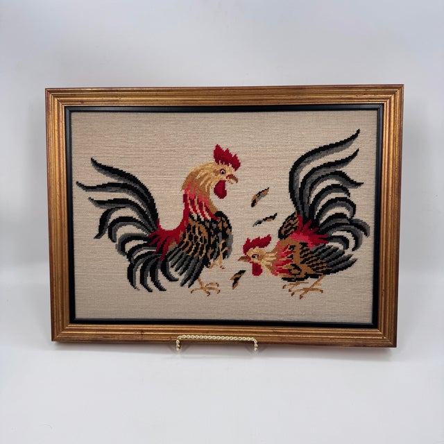 Metal Vintage Roosters Needlepoint Traditional Americana Art For Sale - Image 7 of 11