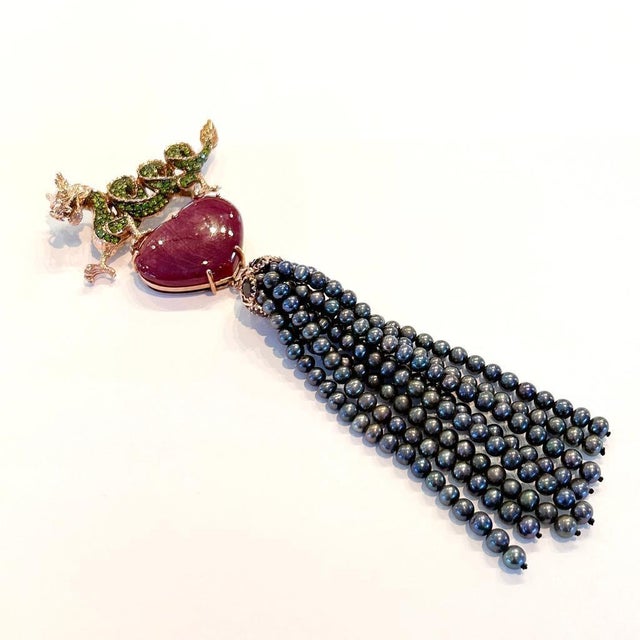 Bochic "Orient" Vintage Ruby & Black Pearl Brooch Set 18K Gold & Silver Circa 80 For Sale - Image 18 of 18