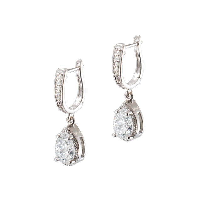 Modern 14k White Gold 1.64ctw Gia Pear Shape Halo Diamond Drop Dangle Earrings, A Pair For Sale - Image 3 of 12