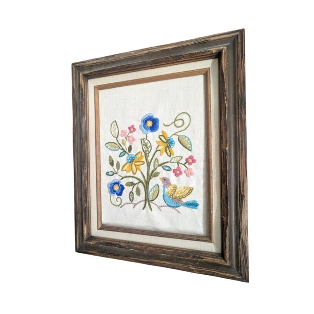 Mid-Century Modern Vintage Crewel Bird Floral Textile Art Framed For Sale - Image 3 of 9