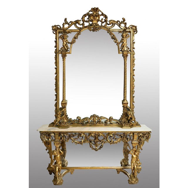 Glass 20th Century Baroque Carved Console Table with Mirror & Alabaster, 1800s For Sale - Image 7 of 8