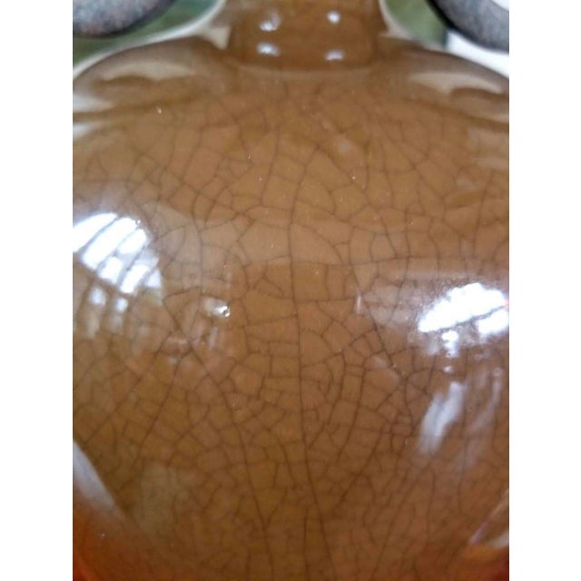 Urn Shaped Lamp With Metal Fronds Asian Inspired Jungle Chic Scrolling Metal Handles Moss Brown Crackle Glaze For Sale - Image 4 of 9