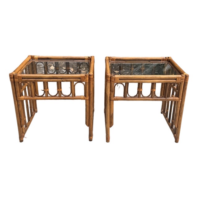Rattan Bamboo Side Tables Pair For Sale