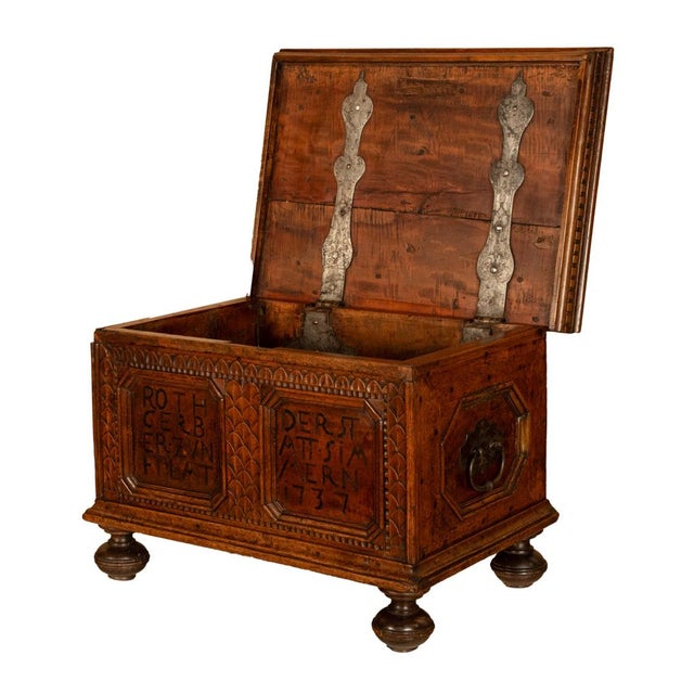 Wood Antique Carved Walnut & Iron Coffer Chest Strong Guild Box Simmern Germany 1737 For Sale - Image 7 of 18