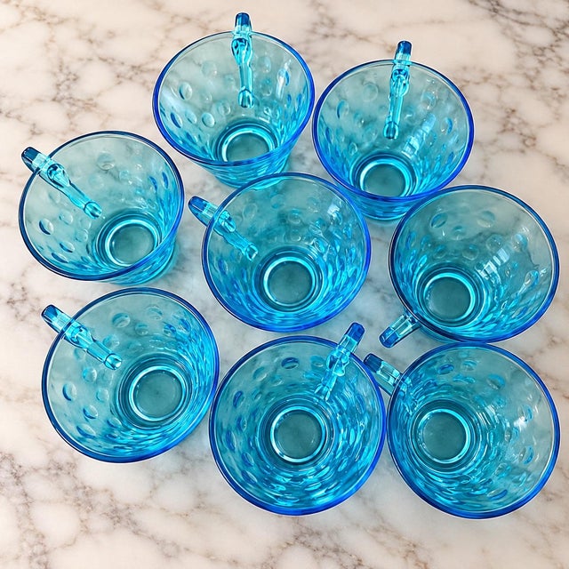 Mid-Century Modern Vintage Mid-Century Modern Hazel-Atlas Capri Dots Aqua Blue Glass Teacups – Set of 8 For Sale - Image 3 of 6