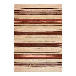 1940s Camel Red Stripe Mid Century Modern Antique American Rag Rug 8' 5'' X 11' 10'' Flatweave Carpet For Sale