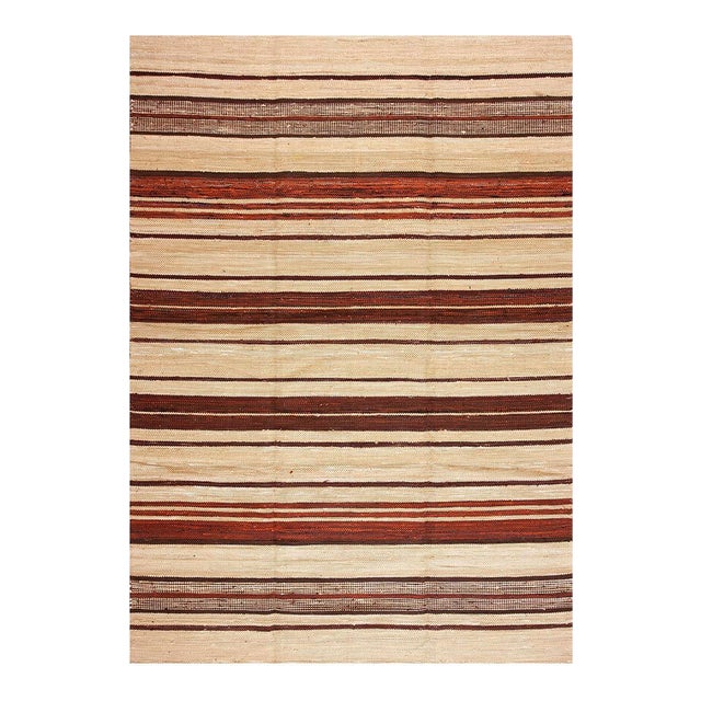 1940s Camel Red Stripe Mid Century Modern Antique American Rag Rug 8' 5'' X 11' 10'' Flatweave Carpet For Sale