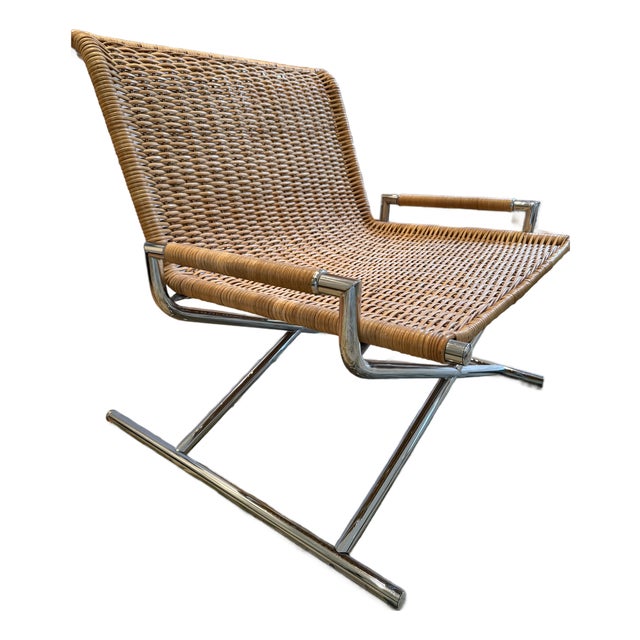 Ward Bennett for Brickel Associates (Attributed To) Chrome and Woven Cane Sled Lounge Chair For Sale