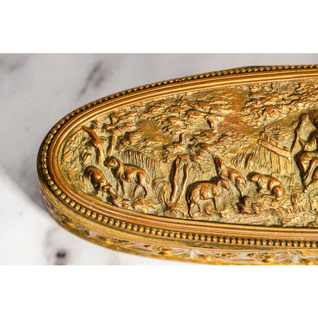 Late 19th Century Classy Small Antique French Jewelry Casket Box Gilt Metal Pastoral Relief Trinket Box Made in France Victorian Home Decor For Sale - Image 5 of 14