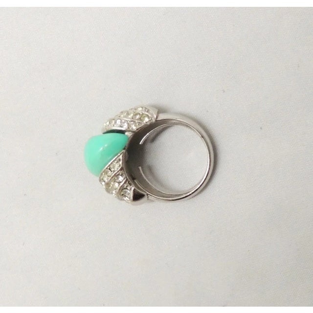 Metal Vintage 1960s Signed Crown Trifari Rhodium Plated Faux-Turquoise & Clear Rhinestone Ring Size 5.5-7.5 For Sale - Image 7 of 9