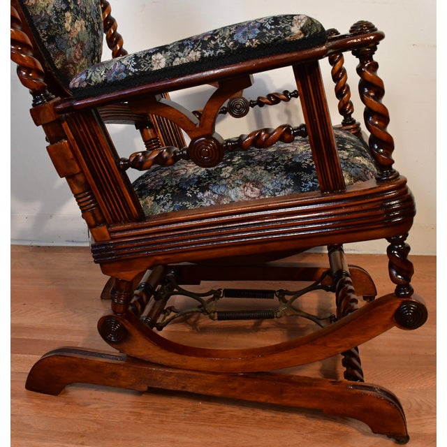 Brown 1870 Antique George Hunzinger Barley Twist Mahogany Rocking Chair New Upholstery For Sale - Image 8 of 13