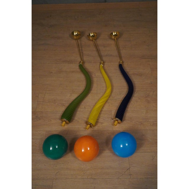 Murano Round Blue Glass and Brass Pendant Light, 1960 For Sale - Image 4 of 11
