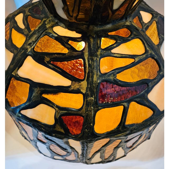 Early 20th Century Antique Folk Art Stained Glass Pendant Fixture For Sale - Image 5 of 10