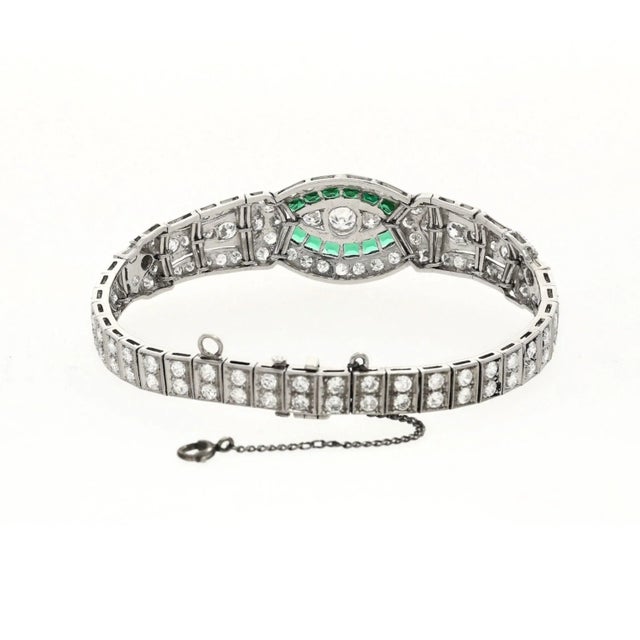 Vintage Art Deco Old Euro Cut Diamond and Emerald Bracelet in Platinum For Sale In Miami - Image 6 of 8