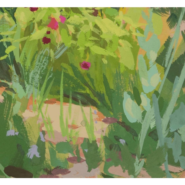 This gouache on paper artwork captures a vibrant thicket brimming with lush foliage and colorful blooms. The interplay of...