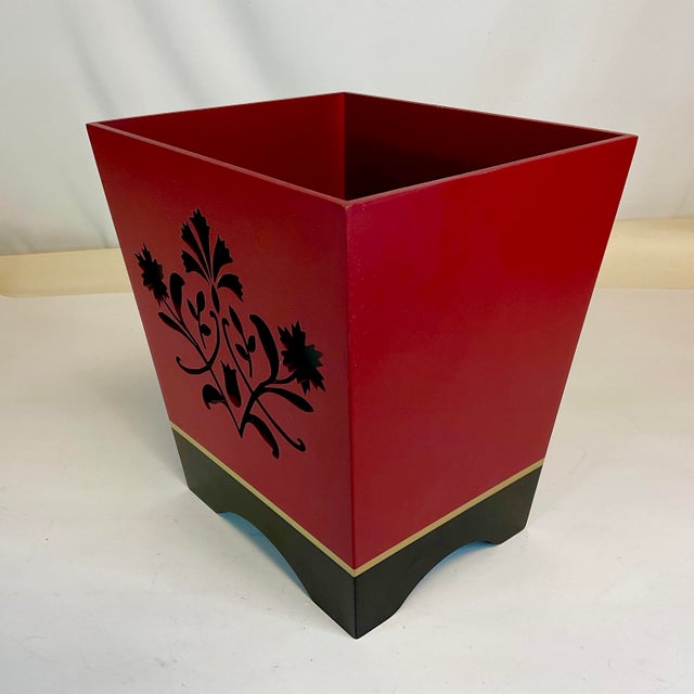 Red 1990s Vintage Chinoiserie Boho Chic Red & Black Wastebasket For Sale - Image 8 of 9