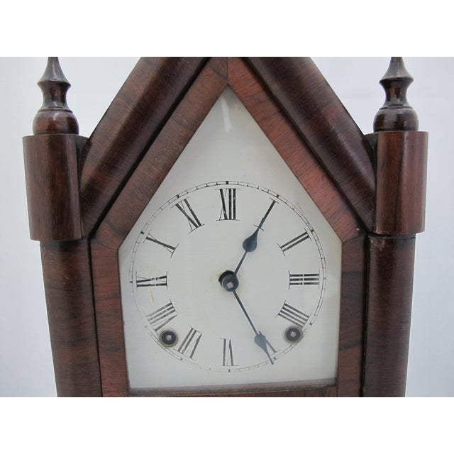 Farmhouse E.n. Welch 8 Day Antique Gothic Steeple Clock With Hand Painted Barn Star Glass For Sale - Image 3 of 12