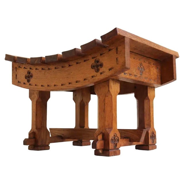 Antique Dutch Arts & Crafts Stool in Carved Oak, 1900 For Sale - Image 9 of 9