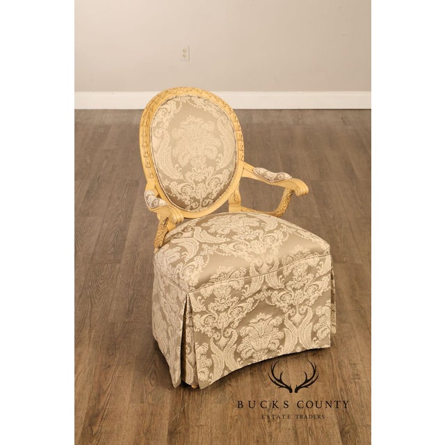 Louis XVI Style Pair Of Painted Oval Back Armchairs With Upholstered Seats For Sale - Image 12 of 18