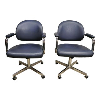 Vintage Chromcraft Mid Century Blue Vinyl Rolling Office Desk Chairs - a Pair For Sale