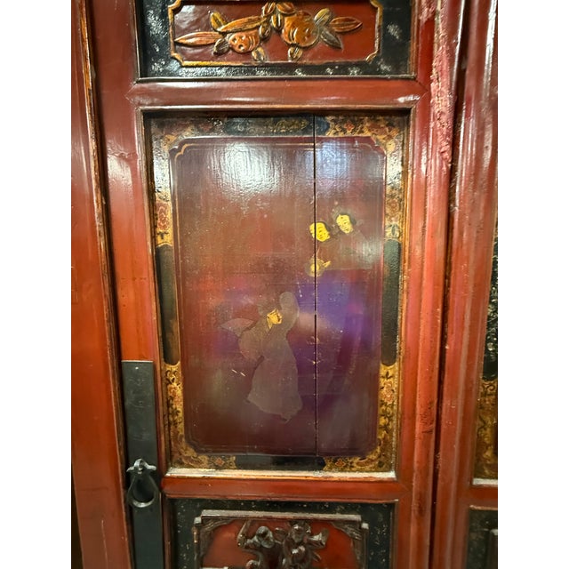 Early 20th Century Chinese Red-Lacquer Carved Wood Armoire With Hand painted Panels For Sale - Image 12 of 12
