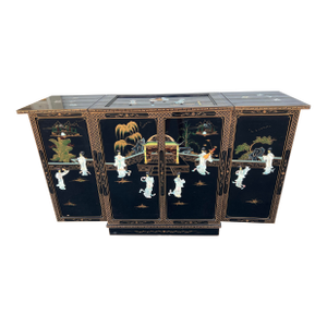 Large Mid Century Black Lacquered & Mother of Pearl Asian Folding Bar Cart & Cabinet