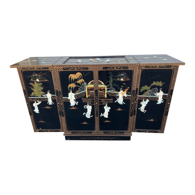 Mid Century Asian Folding Bar Cart & Cabinet For Sale