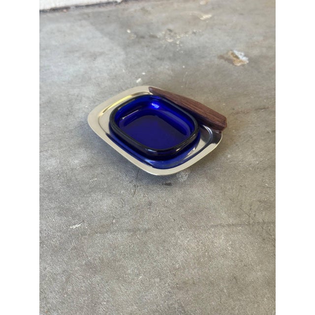 Wood Vintage Lundtofte Denmark Stainless Steel & Cobalt Blue Glass Condiment Set in Original Box 1960s For Sale - Image 7 of 9