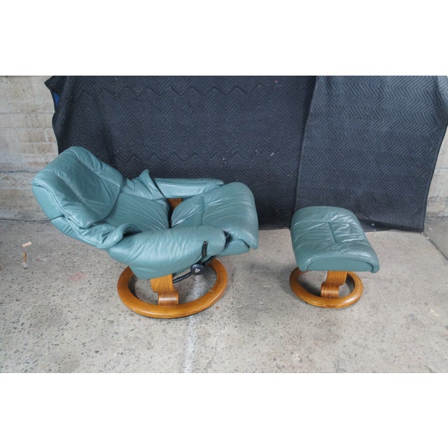 Vintage Ekornes Stressless Leather Reclining Swivel Lounge Chairs & Ottomans For Sale - Image 10 of 12