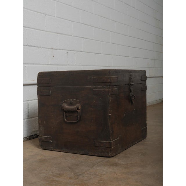 Mid 20th Century Wooden Box With Hinged Lid and Iron Fittings For Sale - Image 4 of 6