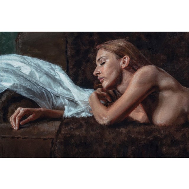 Figurative Erica #1 by Dave Seeley | Oil on Canvas on Board Nude woman reclining on a couch. For Sale - Image 3 of 5