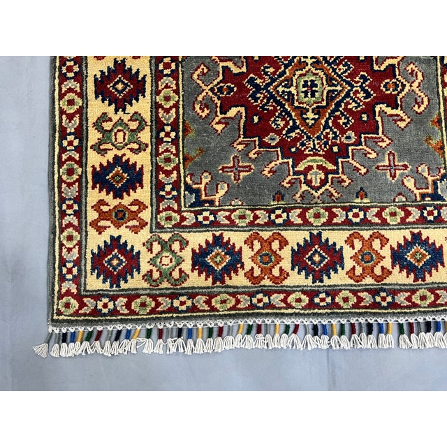 Gray, Cream and Red Kazak Wool Runner Rug, Tribal Hallway Rug, 2'10" X 6'7" For Sale - Image 12 of 15