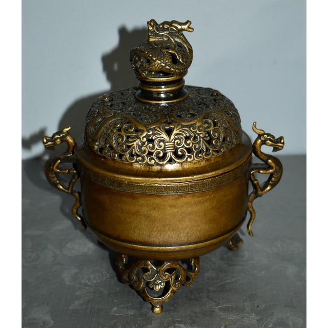 Antique Signed Bronze Two Piece Incense Burner W/Dragon Motif For Sale - Image 13 of 13
