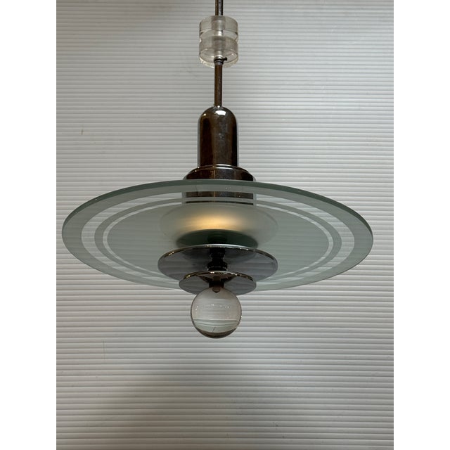 Art Deco Mid 20th Century Art Deco Saturn Etched-Glass + Chrome Chandelier For Sale - Image 3 of 12