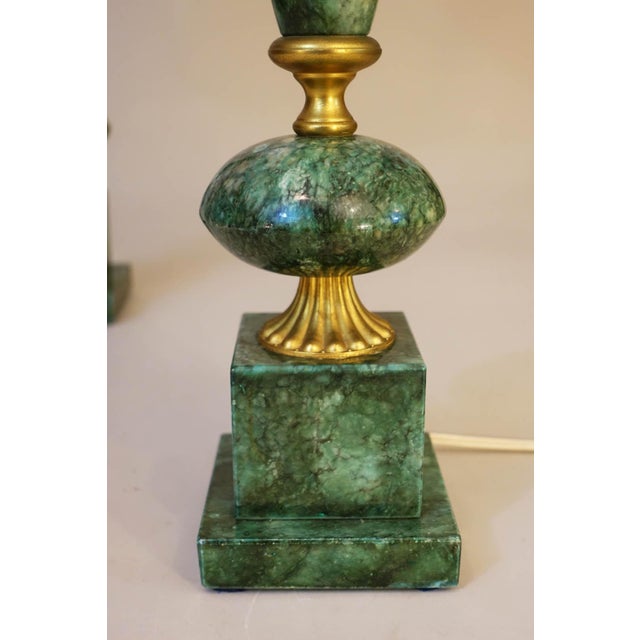 Green Matching Pair Large Neoclassic Hollywood Regency Modern Green Malachite Marble Urn Style Column Table Lamps 1960's Italy For Sale - Image 8 of 12