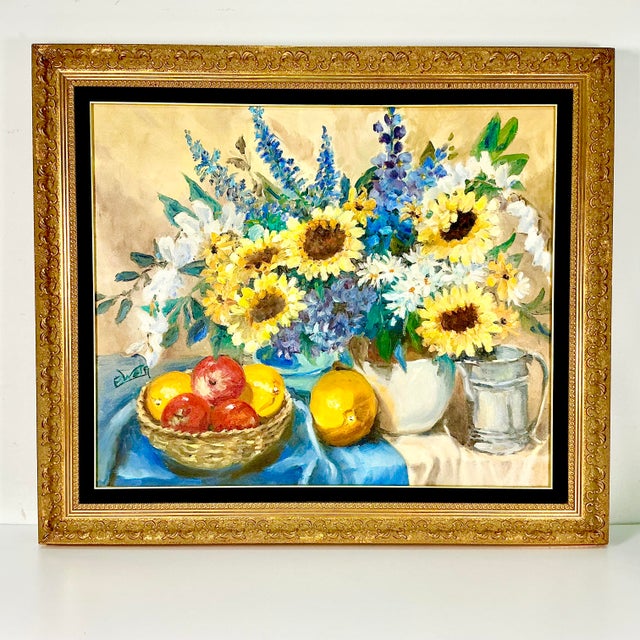 Mid-Century Impressionist Boho Chic Sunflower Still Life Original Oil Painting by American Edith Weir For Sale - Image 4 of 12