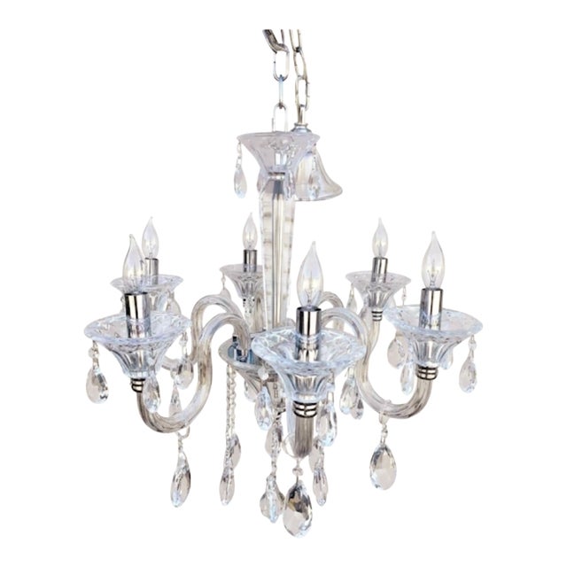 Vintage Murano Glass Clear Crystal Chrome 6 Light Elegant Chandelier For Sale