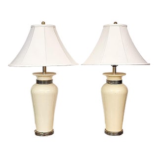 Pair of Vintage Ethan Allen Cream & Brass Table Lamps With Shades For Sale