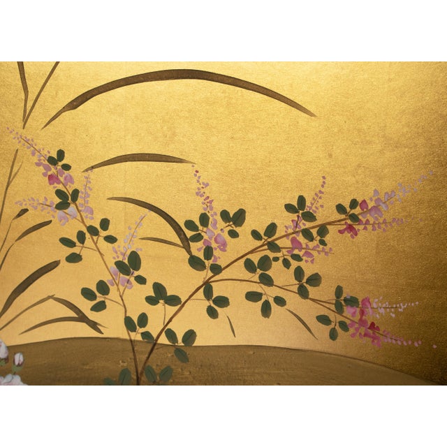 Goldenrod "Chrysanthemums, Rose Mallow and Bush Clover" by Shunsui, Showa Japanese Byobu Screen For Sale - Image 8 of 18