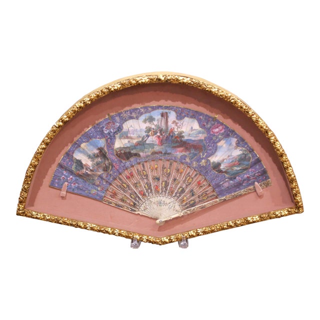 19th Century French Hand-Painted Fan With Carved Bone Handle in Frame For Sale