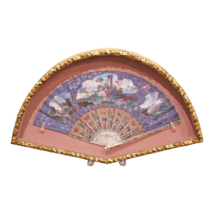 19th Century French Hand-Painted Fan With Carved Bone Handle in Frame