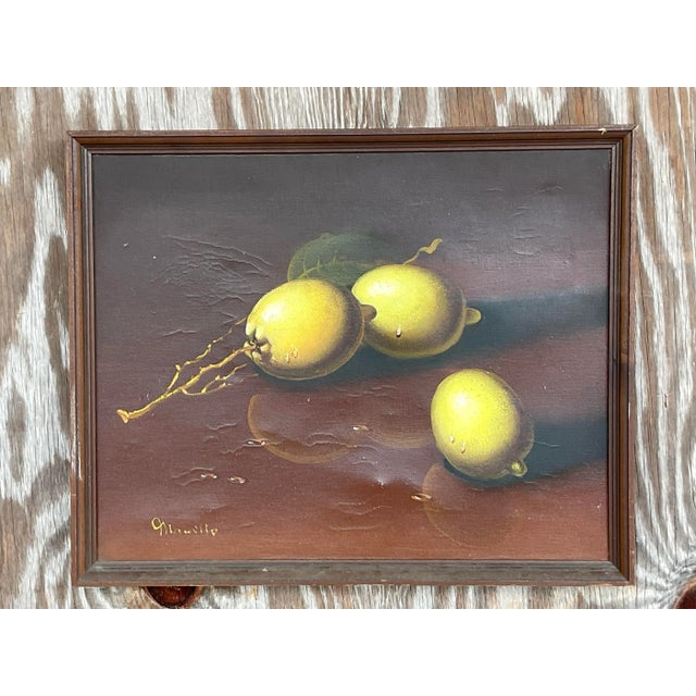 French Country Vintage Original Lemon Still Life Oil Painting For Sale - Image 3 of 12