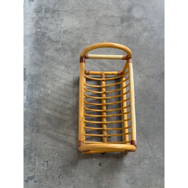 Vintage Rattan Magazine Rack Newspaper Holder Boho Wicker Mid Century Stand For Sale - Image 10 of 10