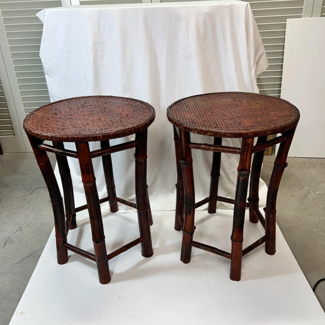 Wood Bamboo Drink Table With Woven Reed Top For Sale - Image 7 of 10