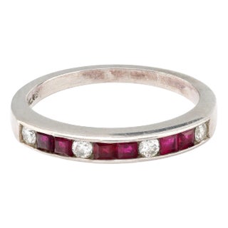 Mid Century Ruby Diamond Platinum Wedding Band For Sale