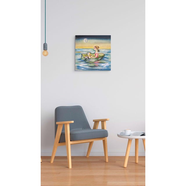 Bon Voyage by Zoa Ace | Oil on canvas Girl in a boat with a dog and cat under the moon. For Sale - Image 4 of 5