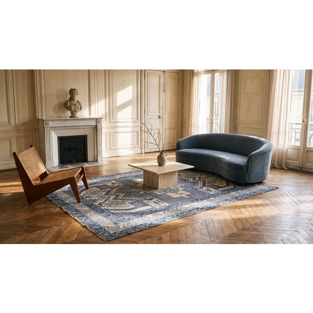 1930s Blue Abstract Geometric Antique N. Indian Agra Cotton Rug 4' X 6'6" Handknotted Carpet For Sale - Image 9 of 9